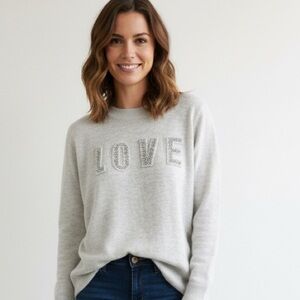 H&M LOVE Sweater Women’s Medium Gray Knit Sequin Pearl Beaded Crewneck Pullover